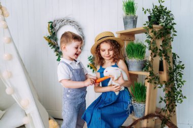 Cute little girl and boy feeding white rabbits carrots indoor while learning to take care of an animals. Happy childhood 