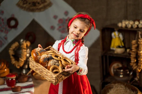 Smiling Little Girl Folk Costume Holding Basket Bagels Other Baking Stock Picture