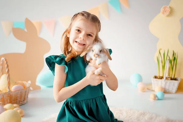 Happy Cute Little Girl Holds Fluffy Rabbit Easter Colorful Decor — Photo