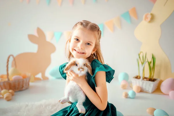 Happy Little Girl Holds Fluffy Rabbit Easter Colorful Decor Love Royalty Free Stock Images