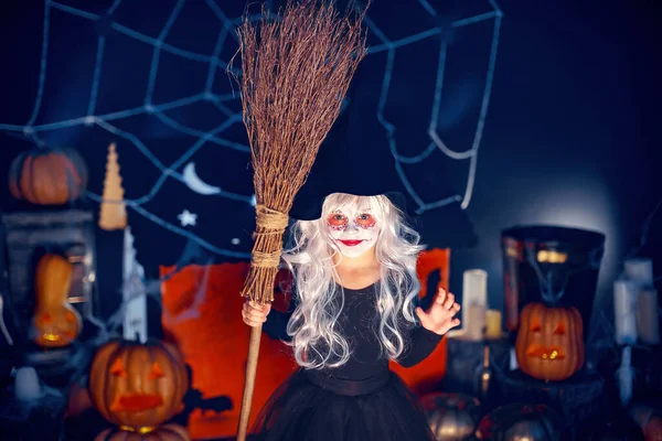 Kid Girl Witches Carnival Costume Scaring Making Faces Broom Hand — Photo