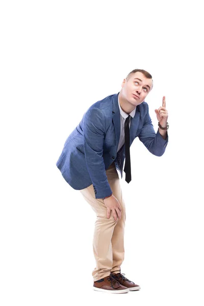 Full Length Younger Businessman Who Looks Points His Finger While — Stock Photo, Image