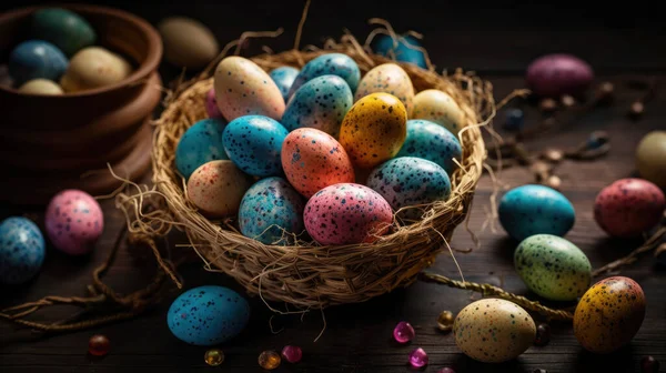 Traditional Orthodox Easter background. Easter dotted eggs in basket on wooden background. Selective focus. Happy Easter
