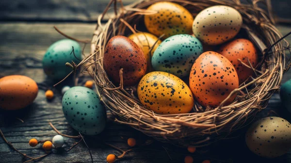 Traditional Orthodox Easter background. Easter dotted eggs in a nest on wooden background. Selective focus. Happy Easter