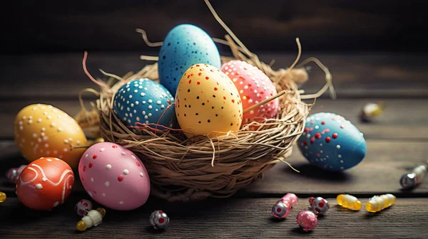 Traditional Orthodox Easter background. Easter dotted eggs in wicker basket on wooden table. Generative AI. Happy Easter