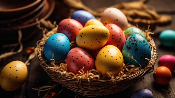 Traditional Orthodox Easter background. Easter eggs in a nest on wooden background. Selective focus. Happy Easter. Generative AI
