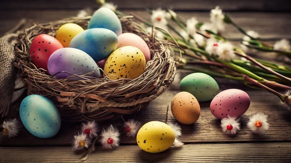 Traditional Orthodox Easter background. Easter eggs in a nest on wooden background. Selective focus. Happy Easter. Generative AI