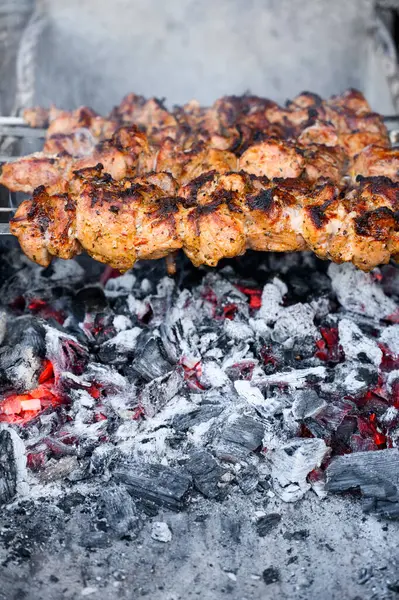 Kömür ızgarasında şiş kebap pişiriyorum.