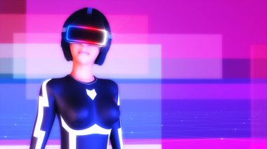 Sanal gerçeklik kulaklığı kullanan genç bir kadın (3D görüntüleme))