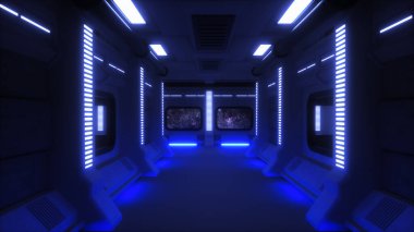 Dış görünümü olan bir uzay istasyonunun içi (3d görüntüleme)