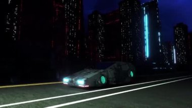Fütüristik bir araba bir siber punk şehrinden geçer (3D görüntüleme))