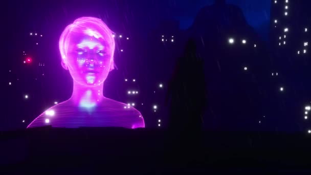 Futurystyczne Miasto Cyberpunkowe Kobiecy Hologram Kolorze Różowym Renderowanie — Wideo stockowe