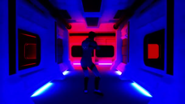 在阴暗的空间站上孤独的宇航员 3D渲染 — 图库视频影像