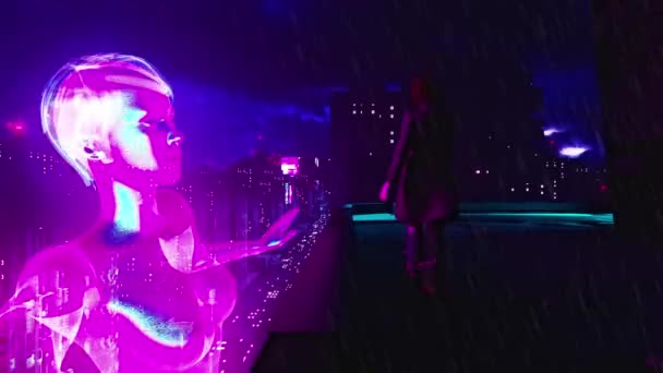 Futuristické Kyberpunkové Město Ženský Hologram Růžové Rendering — Stock video