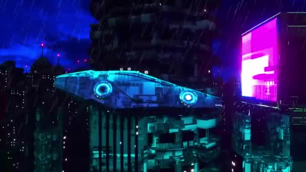 Mașină Futuristă Conduce Printr Oraș Cyberpunk Redare — Videoclip de stoc