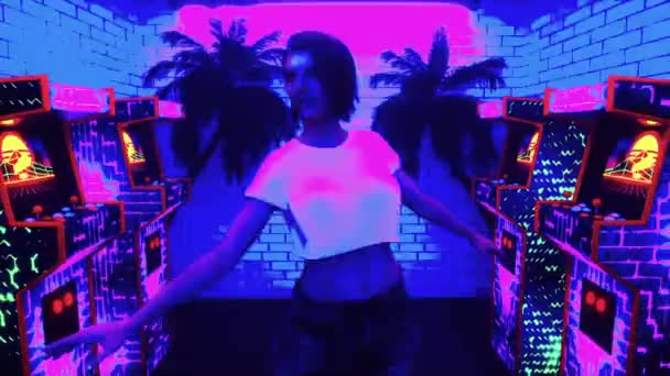 一位年轻女子在80年代街舞 3D渲染 — 图库视频影像