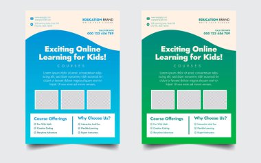 Çevrimiçi eğitim broşürü ya da afişi, çocukların okula geri dönmesi giriş broşürü A4 boyutlu vektör illüstrasyonu.