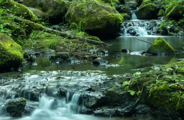 Long exposure of stream with mossy stones.
