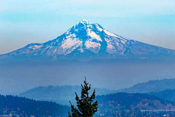 Borította Hood Hegyet Pittock Kastélyból Portland Oregontól Nyugatra Ködös Lábhegyekkel — Stock Fotó