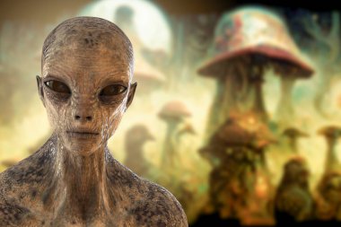 Arka planda fantastik mantarlı, 3 boyutlu resimli bir insansı uzaylı portresi. Halüsinojenik mantar konsepti. Sihirli mantarlar