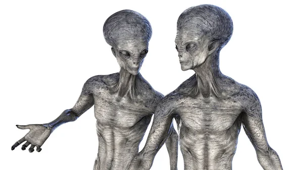Dois Alienígenas Humanóides Falando Entre Com Foto Realista Altamente Detalhada — Fotografia de Stock