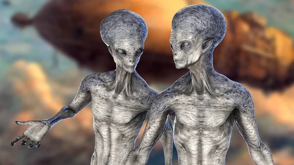 Dois Alienígenas Humanóides Conversando Entre Com Foto Realista Altamente Detalhada — Fotografia de Stock