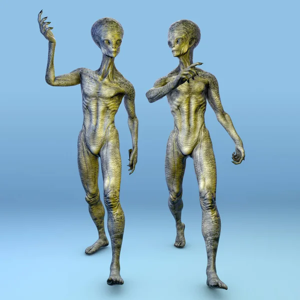 Dois Alienígenas Humanóides Andando Juntos Falando Entre Com Foto Realista — Fotografia de Stock