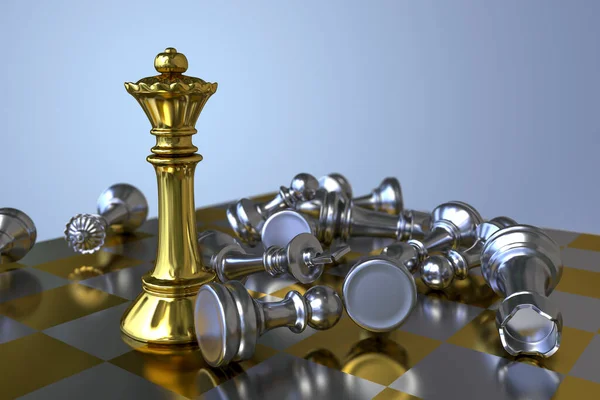 Chess game. Chess queen on chess board with defeated chess figures, 3d illustration. Success strategy busines concept. Leadship and ambition concept
