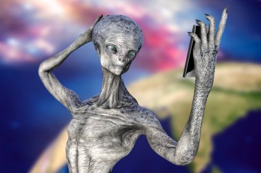 İnsansı uzaylı bir uzay ve dünya arka planında özçekim yapıyor, 3 boyutlu illüstrasyon.