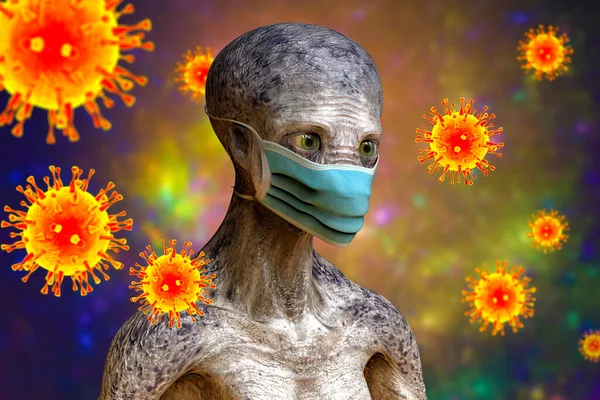Alien Face Mask Surrounded Viruses Conceptual Illustration Epidemics Extraterrestrial Origin — Stock Photo, Image