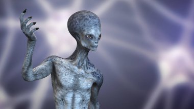 Kameraya bakan insansı bir uzaylının portresi. Arkaplanda son derece detaylı bir deri dokusu var. Sinir ağıyla, 3 boyutlu illüstrasyon.