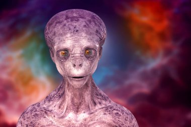 Kameraya bakan insansı bir uzaylının portresi. Uzay arka planında son derece detaylı bir cilt dokusu var. 3 boyutlu illüstrasyon.