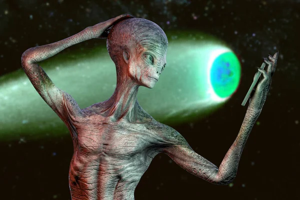 Humanoid Alien Hace Selfie Fondo Del Cometa Volador Ilustración — Foto de Stock