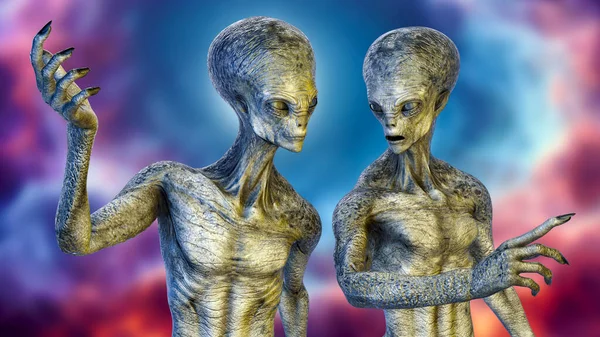 Dois Alienígenas Humanóides Conversando Entre Com Foto Realista Altamente Detalhada — Fotografia de Stock