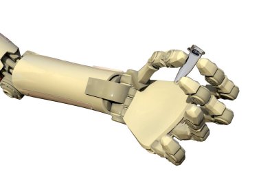 Mikro santrifüj tüpü tutan insansı bir robot el, kavramsal üç boyutlu illüstrasyon. Yapay zeka, bilimin otomasyonu, araştırma ve klinik tanı konsepti