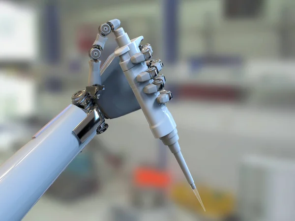 人間型ロボットハンドは 自動ピペット 概念的な3Dイラストを保持します 人工知能 科学の自動化 研究と臨床診断の概念 — ストック写真