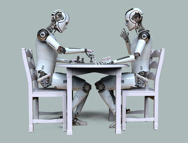 Humanoid robot playing chess, conceptual 3D illustration. Sicilian defence chess opening. Artificial intelligence, futuristic chess game. Chess computer training concept