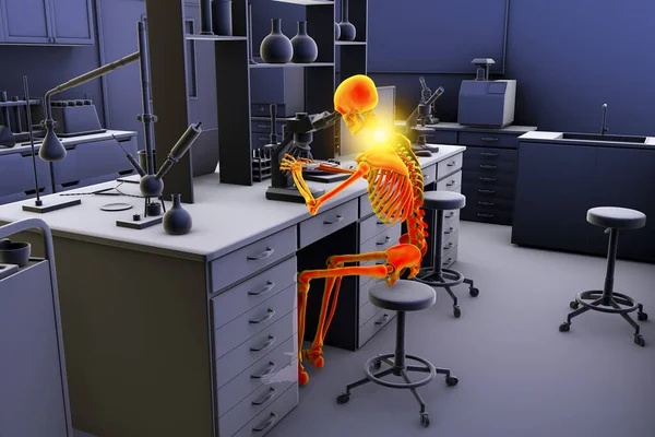 Work-related skeletal disorders in laboratory workers, conceptual 3D illustration. Neck pain in laboratory worker