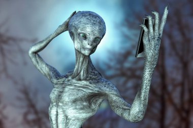 İnsansı uzaylı Ay 'ın arka planında özçekim yapıyor, 3 boyutlu resimleme