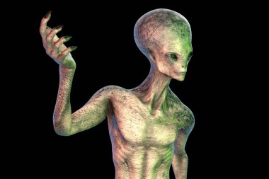 Fotoğraf gerçekliği yüksek detaylı deri dokusuna sahip insansı uzaylı siyah arka planda izole edilmiş, üç boyutlu illüstrasyon.