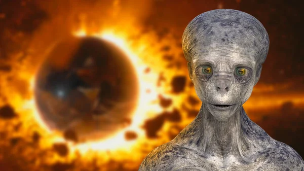 Extraterrestre Humanoide Mirando Cámara Fondo Con Explosión Del Planeta Tierra — Foto de Stock