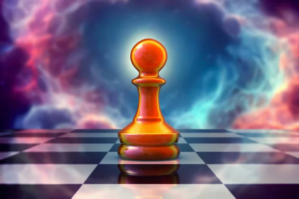 国际象棋棋盘上国际象棋棋子的空间背景 特写视图 3D插图 — 图库照片