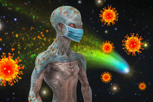 Humanoid alien in face mask surrounded by viruses, conceptual 3D illustration. Epidemics of extraterrestrial origin concept. Diseases from space. Space microbial contamination