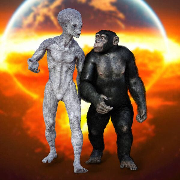 Humanoid alien and chimpanzee monkey on space background, 3D illustration
