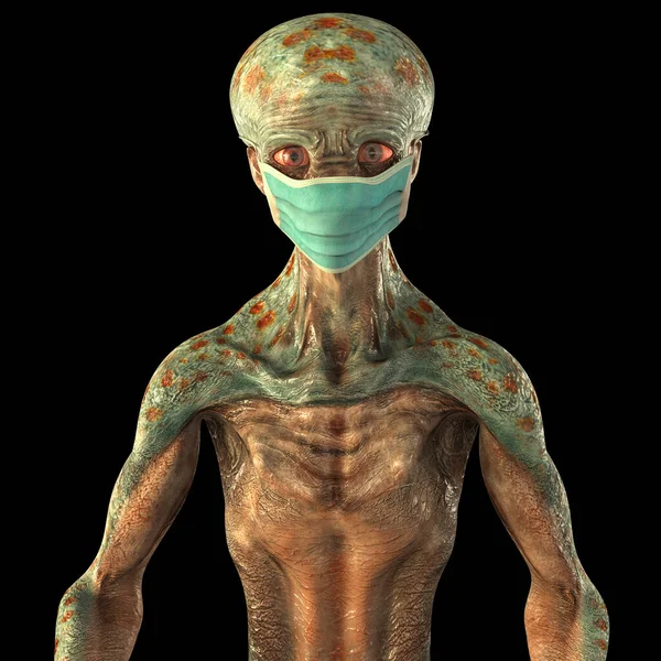 Alien in face mask, conceptual 3D illustration. Epidemics of extraterrestrial origin concept. Diseases from space