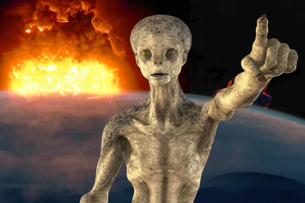 Humanoid Obcy Wskazując Palcem Wskazującym Tło Eksplozji Planety Ilustracja — Zdjęcie stockowe