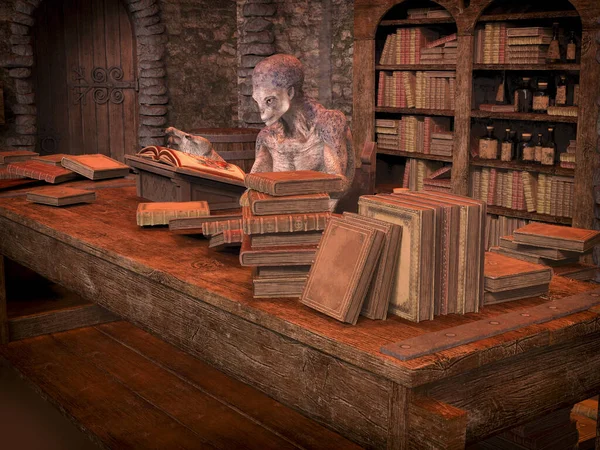 Humanoid alien reading a book in an old house with medieval books and bottles with potions, 3D illustration. Fantasy background