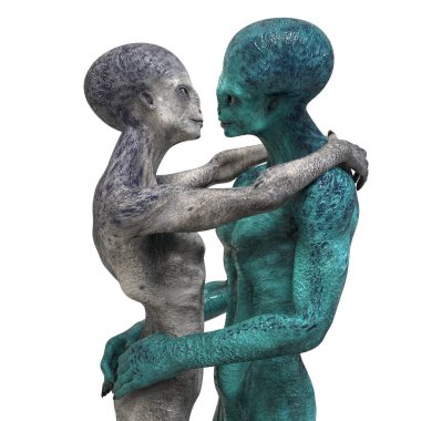 Uzaylılar bayılır, 3 boyutlu çizimler. Bir çift insansı uzaylı birbirlerine sarılıyorlar.