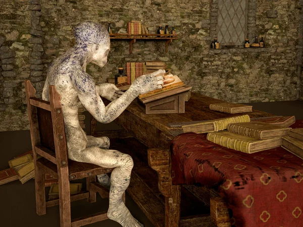 Humanoid alien reading a book in an old house with medieval books and bottles with potions, 3D illustration. Fantasy background