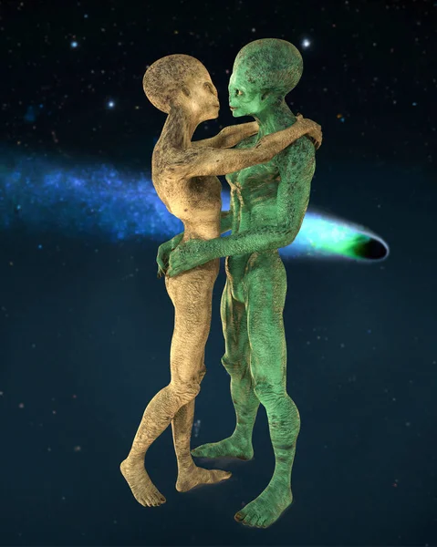 Aliens Love Ilustración Par Alienígenas Humanoides Abrazándose Fondo Del Espacio —  Fotos de Stock